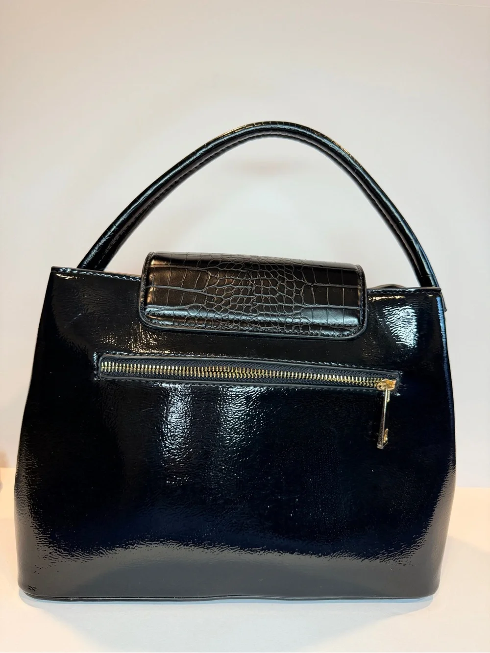Black Patent Croc-Detail Top-Handle Satchel